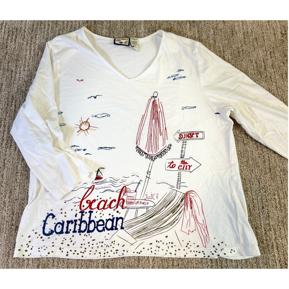 Caribbean Joe Petite White Cotton V-Neck Beach Graphic Sequin Top Size PL